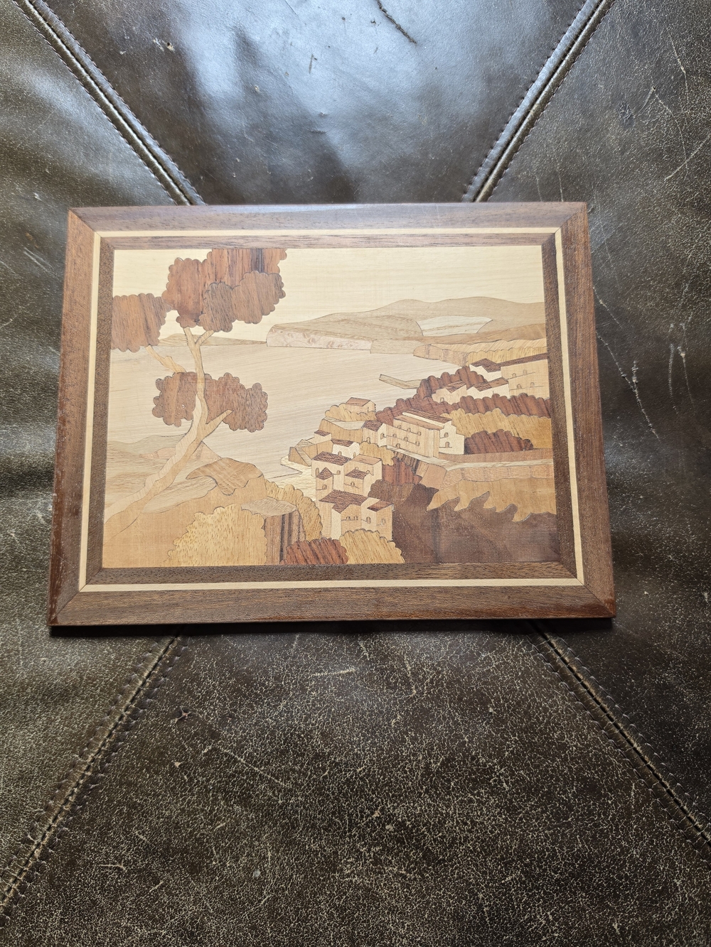 Vintage Italian Sorrento Wood Marquetry Coastal Landscape Art Gargiulo & Jannuzi